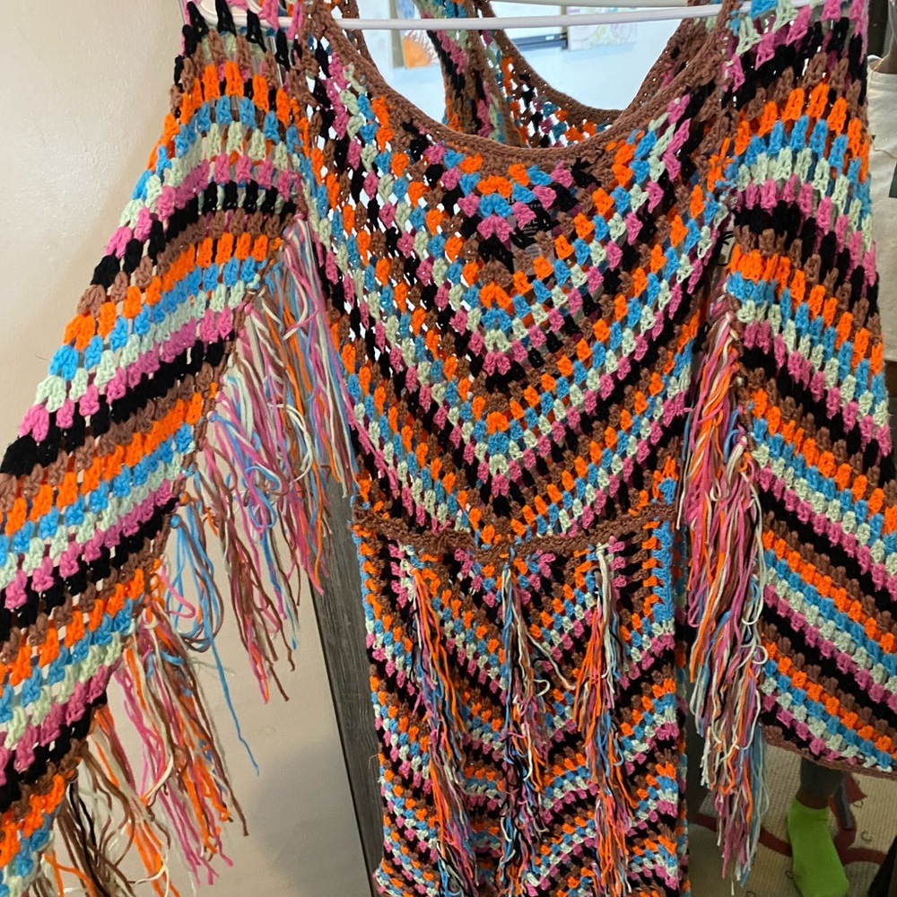 Multi Color Crochet long sleeve fringe dress